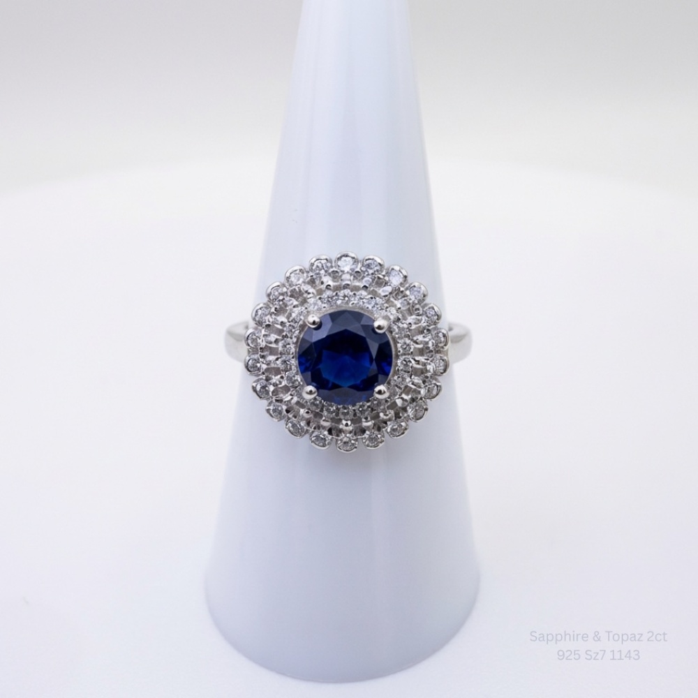 2CT Natural Blue Sapphire & Topaz Halo Ring 925 Silver Sz 7 Jewelry
